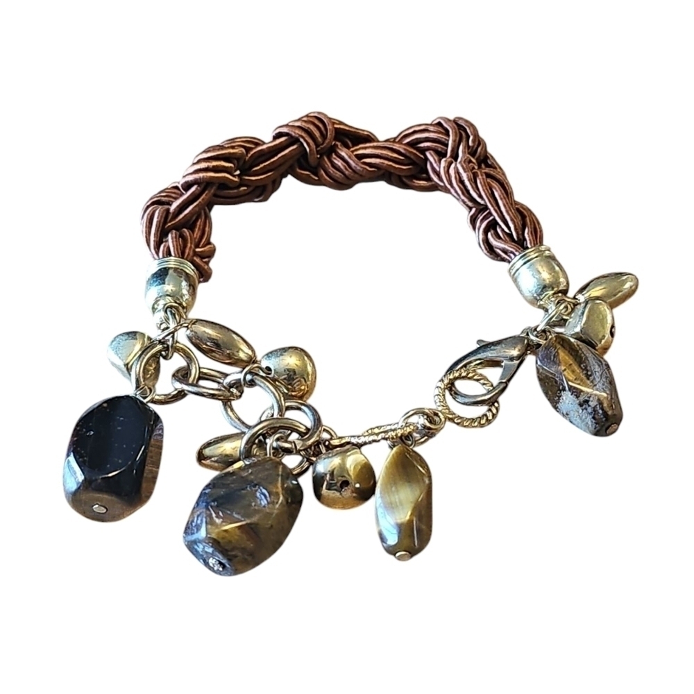 Braided silk, gold and tiger's eye stone mix materials Bracelet